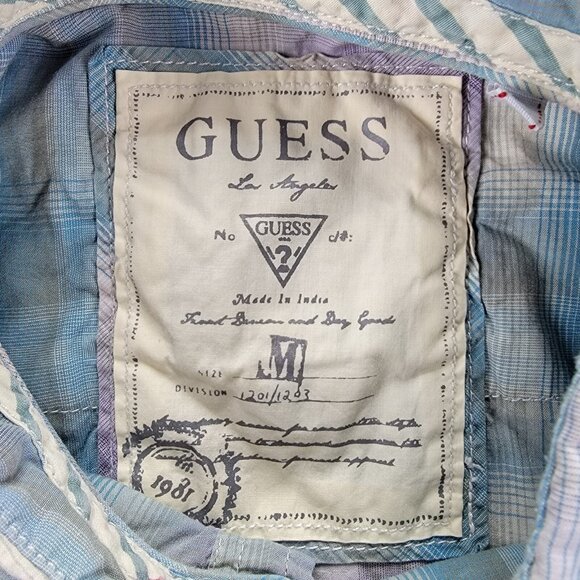 Guess Shirt Mens Medium Purple Blue Plaid Short Sleeve Western Pearl‎ Snap Rodeo - Picture 7 of 10